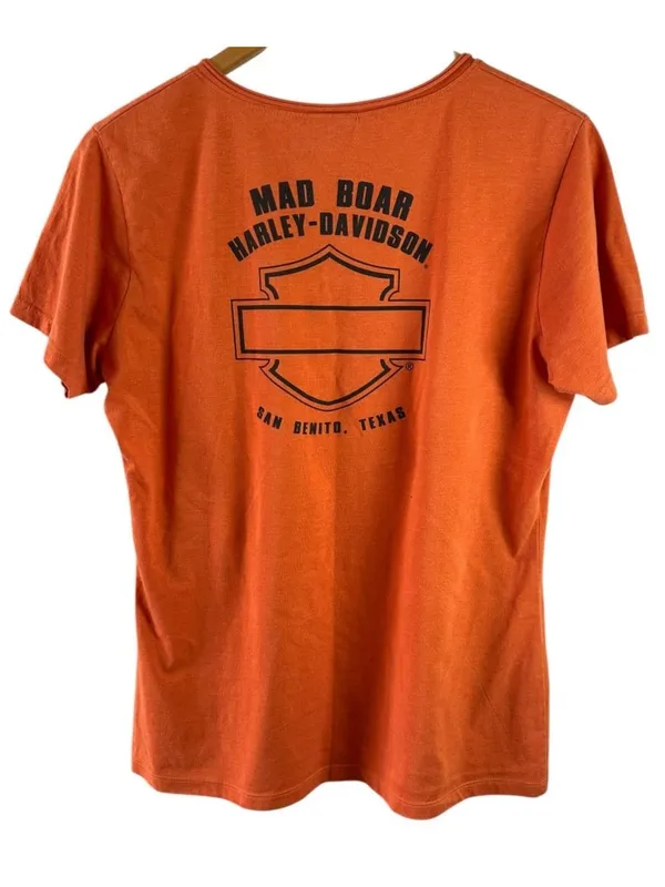 Harley-Davidson Mad Boar Texas Orange Graphic T-Shirt Women’s XL V-Neck - Image 4