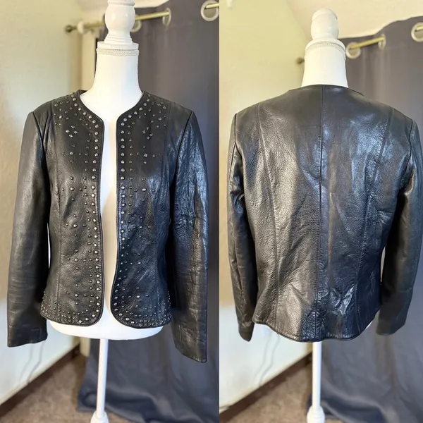 Reba Leather Studded Jacket M Black Y2K Western Rockstar Moto Indie Sleaze - Image 3
