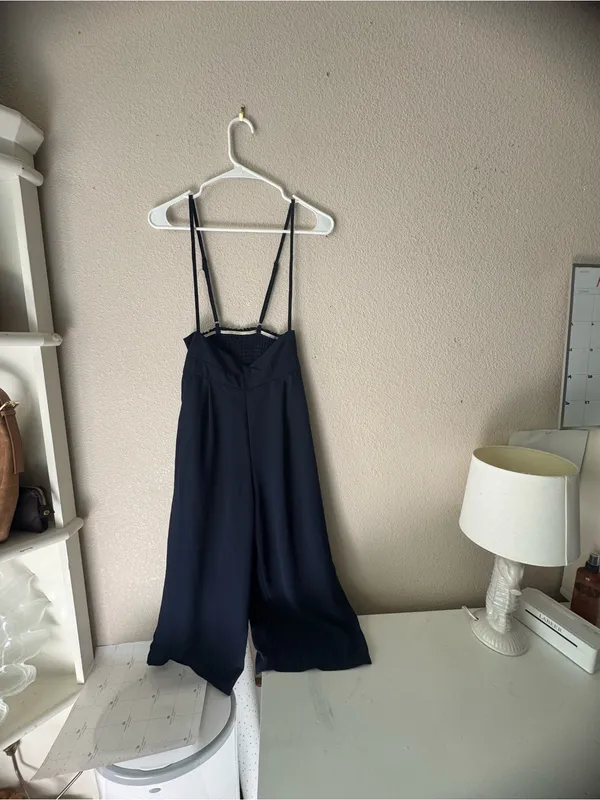 Smocked Bodice Wide-Leg Jumpsuit in Navy - Image 4