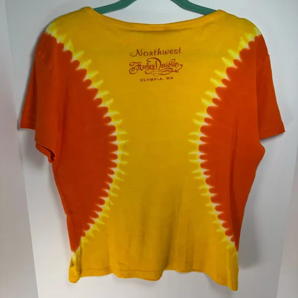 Vintage 2004 Harley Davidson Women’s Large Tshirt Tie Dye Orange Yellow - Image 5