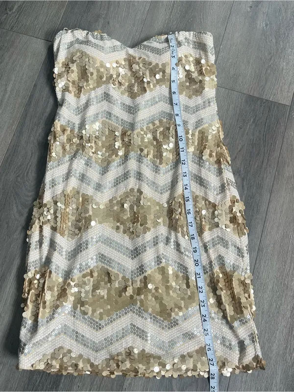 As You Wish Gold Sequin Strapless Mini Dress Chevron Party Size Large - Image 9