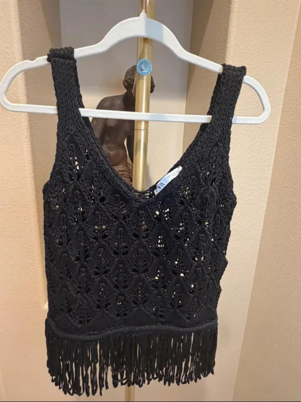 Zara NWT Black Crocheted Fringe Tank Top - Women - Image 6