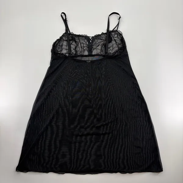 Black Sheer Lace Babydoll Lingerie Chemise Bow Detail Mesh Nightgown - Image 3