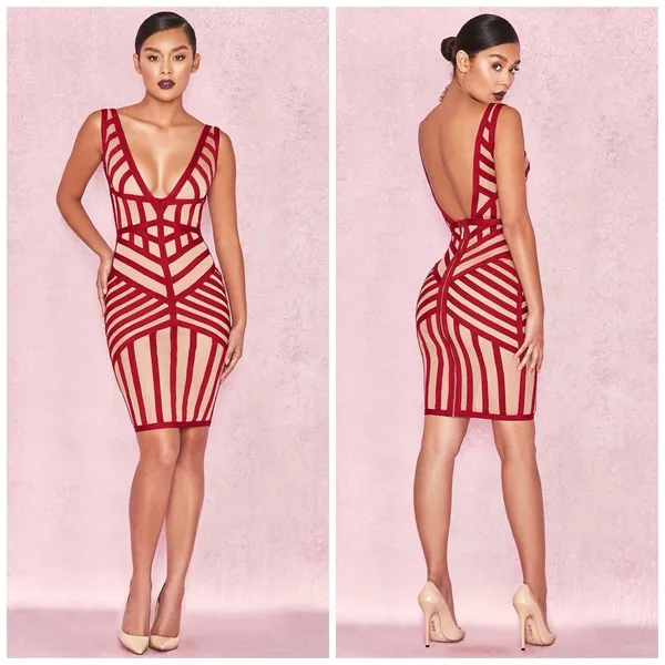HOUSE OF CB London Genevieve Crimson Bandage And Beige Mesh‎ Dress - Image 2