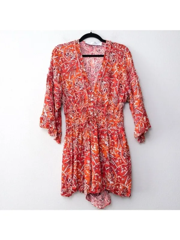 IRO Rhodey Frayed Ruffle Trim Crepe Playsuit 44 Red Romper Floral 12 Loose Fit - Image 3