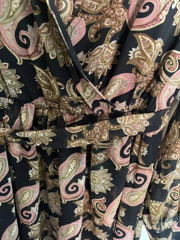Miss Avenue Long Sleeve Maxi Dress Sheer Size L Black Paisley Floral Wrap Kaftan - Image 6