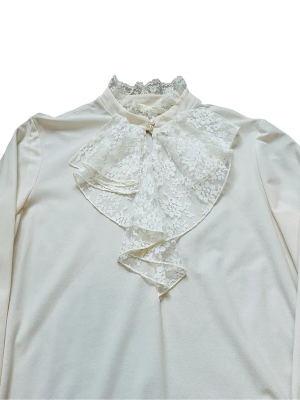 Vintage Women’s Victorian Blouse Cream Lace Ruffles Neck Edwardian Regency - Image 3