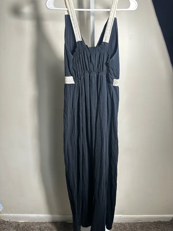 P39. Black Boho Embroidered Maxi Dress Crochet Trim Cotton Festival Sundress - Image 3