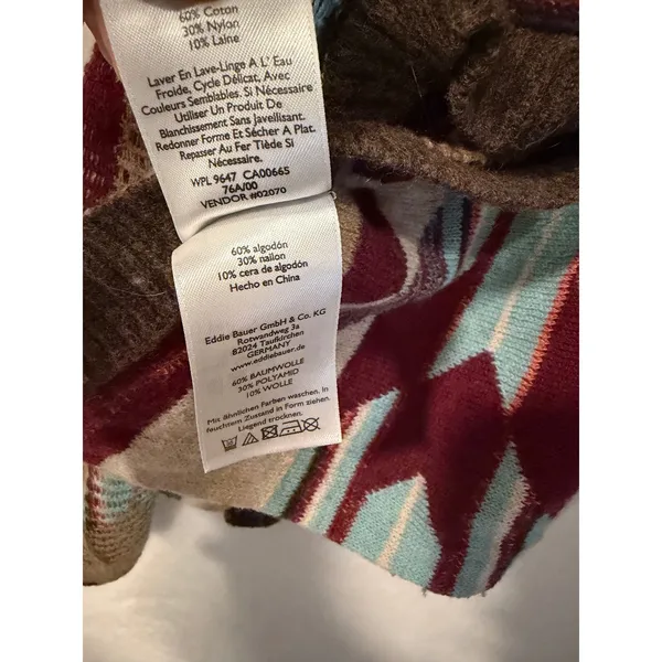 Eddie Bauer Southwestern Geometric Open Front‎ Cardigan Sweater Burgundy Teal L - Image 8