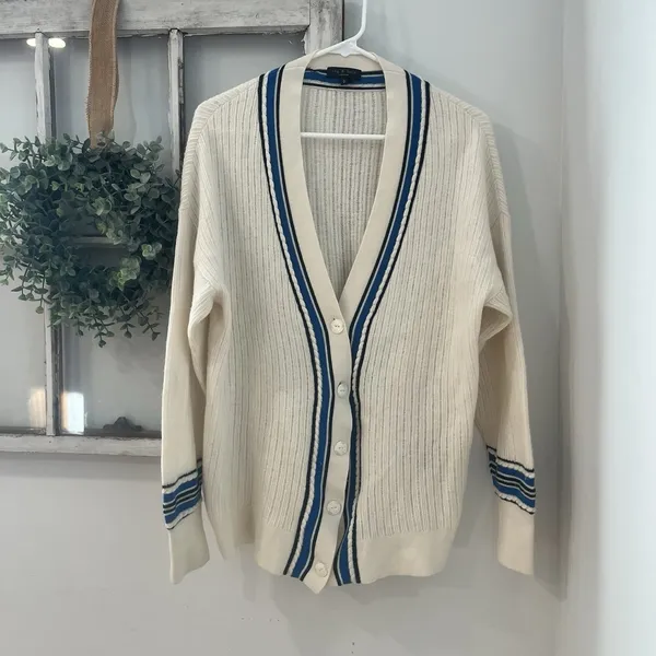 Rag & Bone Chalk White Knit Dianna Merino Wool Blend‎ Cardigan Sz L Read Dscrpt - Image 2