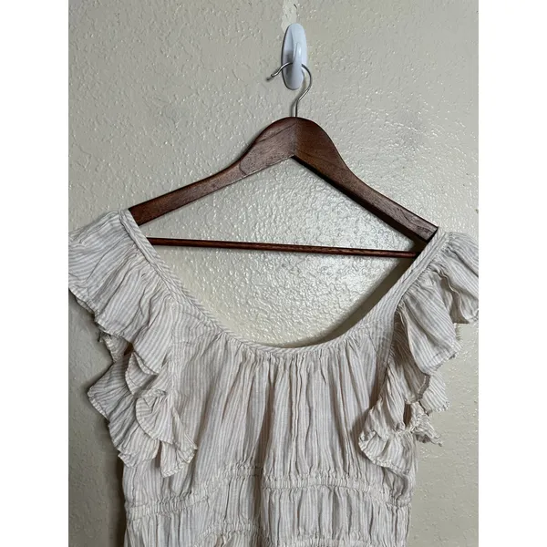 Ulla Johnson 100% Linen Ruffle Sleeve Smocked Peplum Top Ivory Stripe size 6 - Image 9