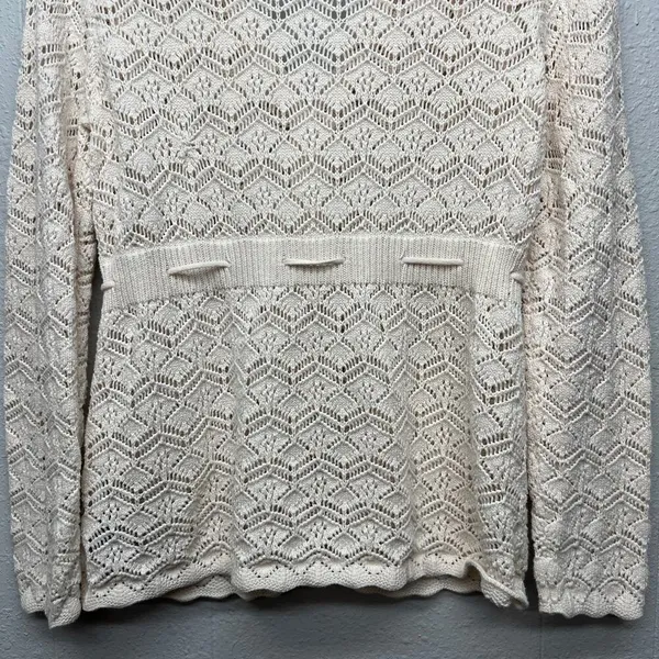 DALIA Pointelle Knit Tie Front Cotton Cardigan Sz Large Cottage Beachy Coastal - Image 10