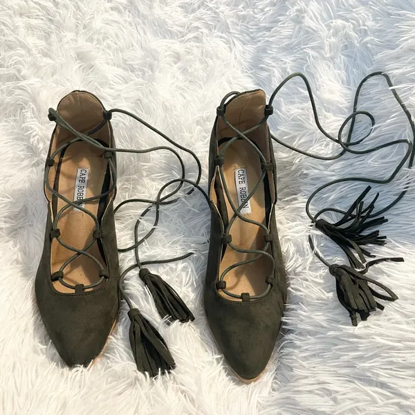 Olive Green Lace-Up ballerina Block pointed Heels - Image 5