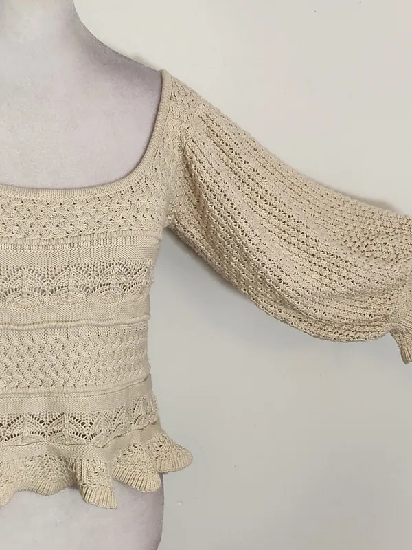 Lucy Paris Beige Knit Cropped Sweater with Puffy Sleeves Size XS - Image 5