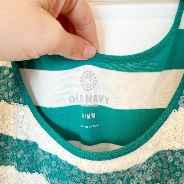 Old Navy Y2K Sequin Striped Tank Top Medium‎ Green White Preppy Layer - Image 3