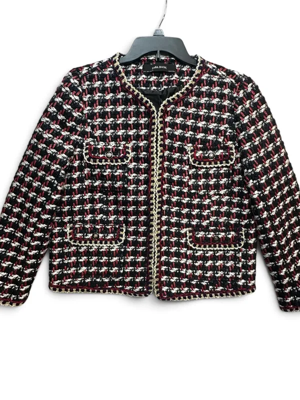Zara Basic Tweed Bouclé Jacket Women’s L Red Black White Gold Trim Blazer - Image 3