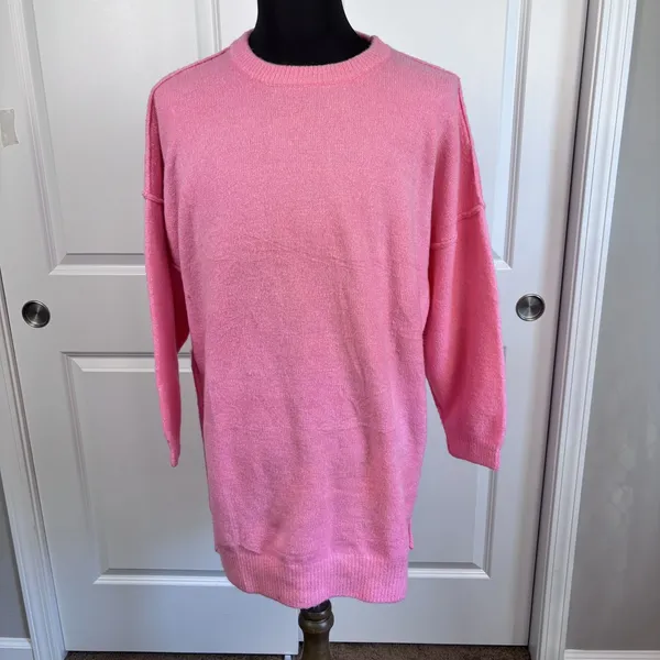 BTFBM Women's M Hot Pink Oversized Knit Sweater Crew Neck Long Sleeve Tunic Fall - Image 3