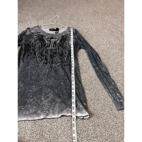 Harley Davidson Skull Wings Gray Acid Wash‎ Long Sleeve Top Womens L Biker - Image 5