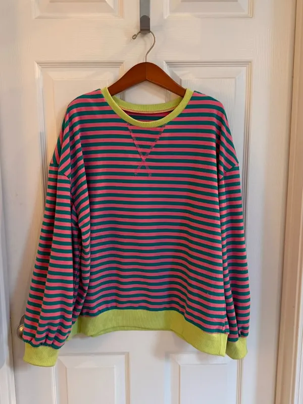 Striped Medium Sweatshirt Pull Over Pink Blue Neon Yellow Green Boho Oversized - Image 2