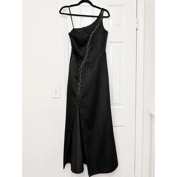 Jovani Asymmetric One Shoulder Black Satin Beaded Prom Evening Gown Slit - Image 2