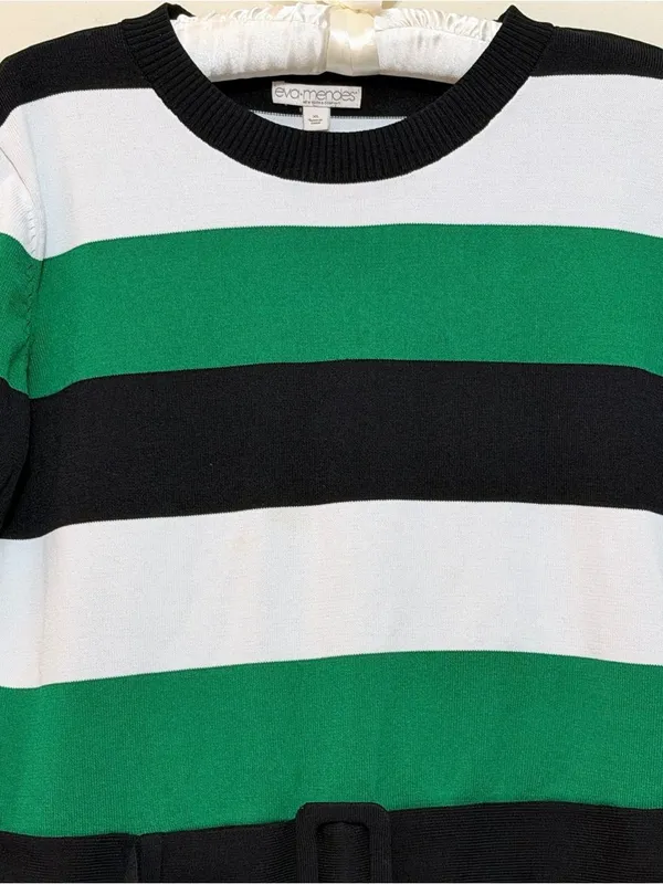 Eva Mendes New York & Co Women’s Short-sleeve Green Stripped Belted Knit Sweater - Image 8