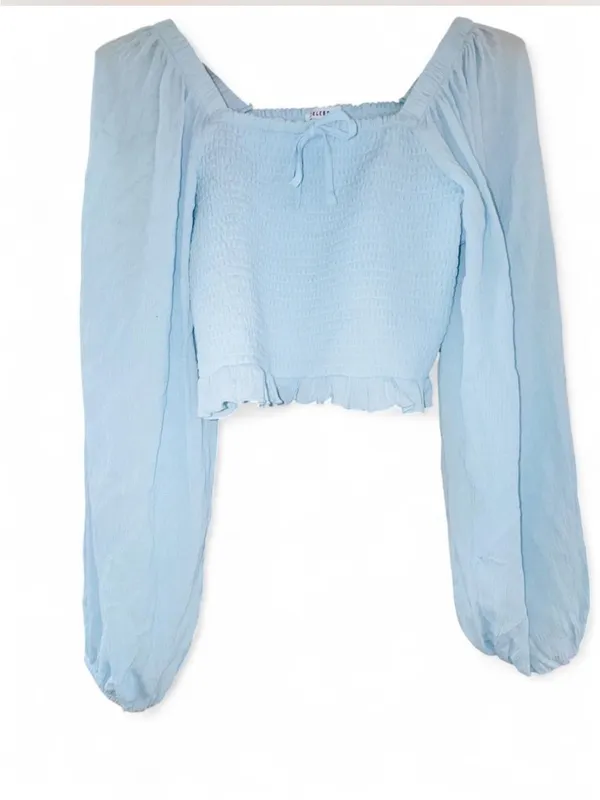 Celebrity Pink Blue Smocked Crop Top Large Cottagecore Balloon Sleeve Peasant - Image 3