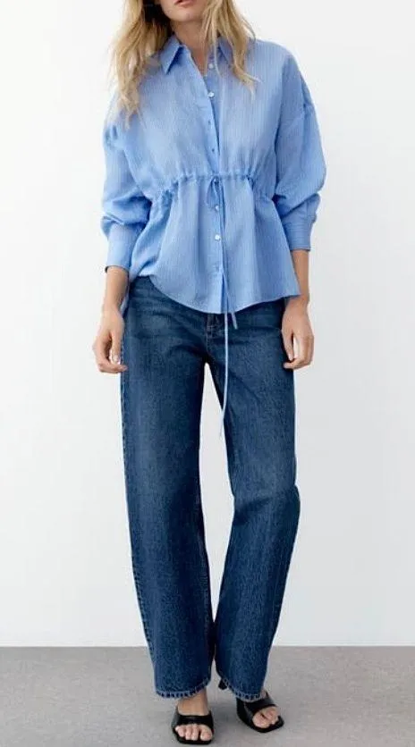 Zara Wrinkled Drawstring Waist Striped Shirt 4387/042/044 Blue White Size XL - Image 6