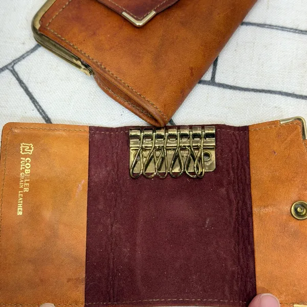 Cobbler Wallet and‎ Key Case Set OS Brown Vintage Full Grain Leather Kiss-Lock - Image 2