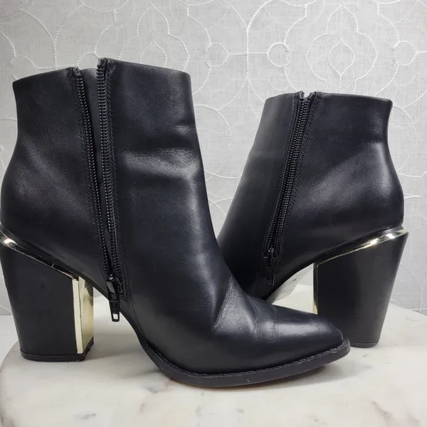 ALDO Leather Ankle Boots Womens 6.5 Black Gold Plate Block Heel Pointed Toe - Image 9