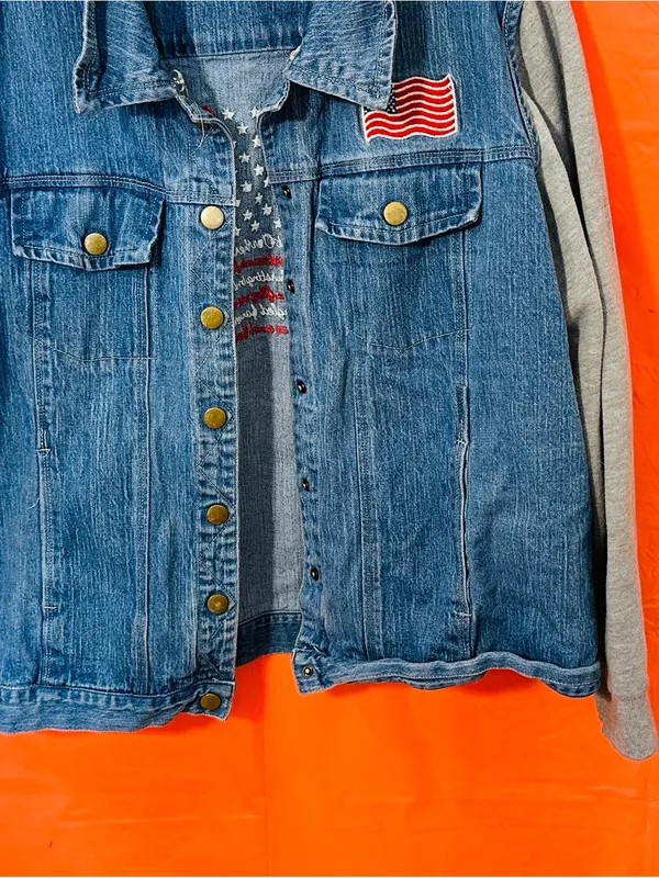 Denim Jacket with Grey Knit Sleeves and Flag Patch Blue Size XXL - Image 3