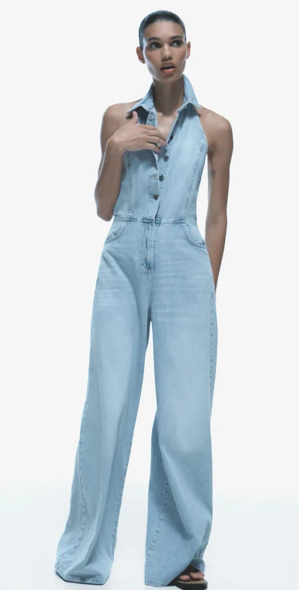 Zara jumpsuit denim halter wide leg open back bohemian casual summer - Image 5