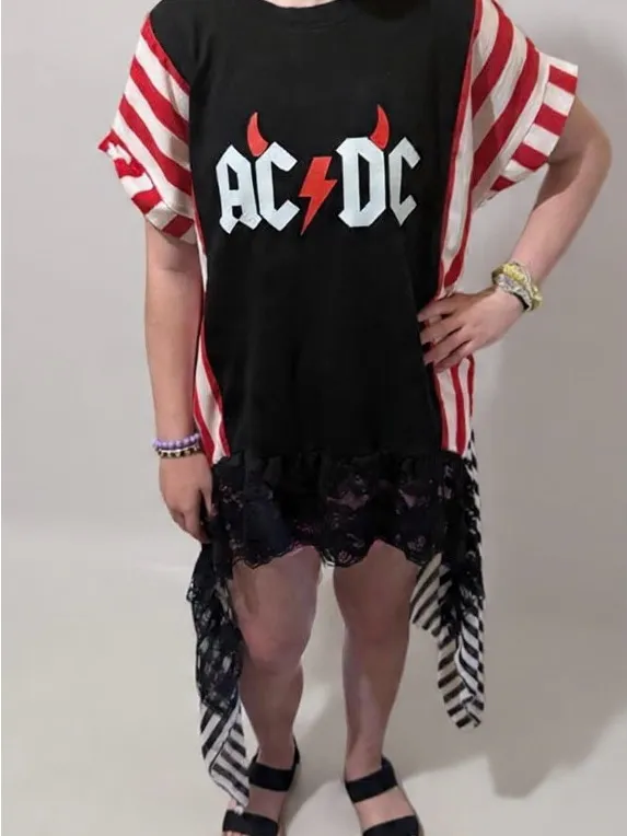 AC/DC Graphic Black & Red Tunic Top with Lace Hem - Image 5
