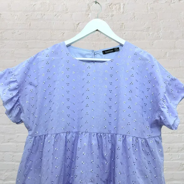 Boohoo Lavender Broderie Anglaise Eyelet Tiered Babydoll Dress 12 - Image 4