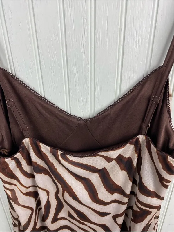 NEW Camila Coelho Brown Zebra Print Slip Maxi Dress Size Large Mesh Y2K Revolve - Image 6