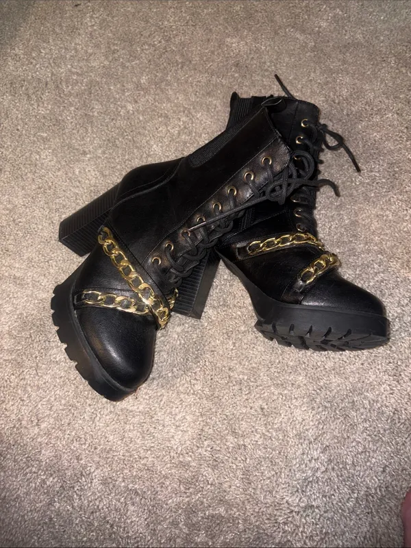 Forever Black Lace-Up Combat Boots with Gold Chain Accent size 7 - Image 5