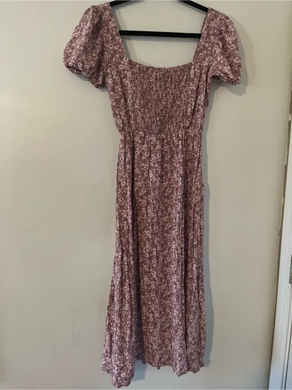 Pink Ditsy Floral Print Smocked Puff Sleeve Cottagecore Midi Dress Small - Image 6