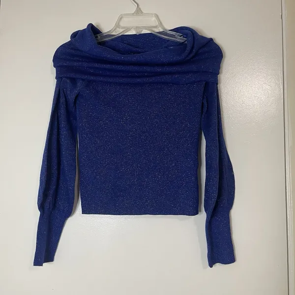 Anthropologie Sensual Off-the-Shoulder blue shimmer wool Sweater small - Image 3