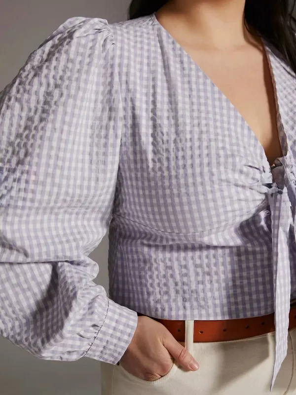 Maeve Anthropologie Cropped Gingham Bow Blouse Lavender Sz 14 Cottage Coastal - Image 2