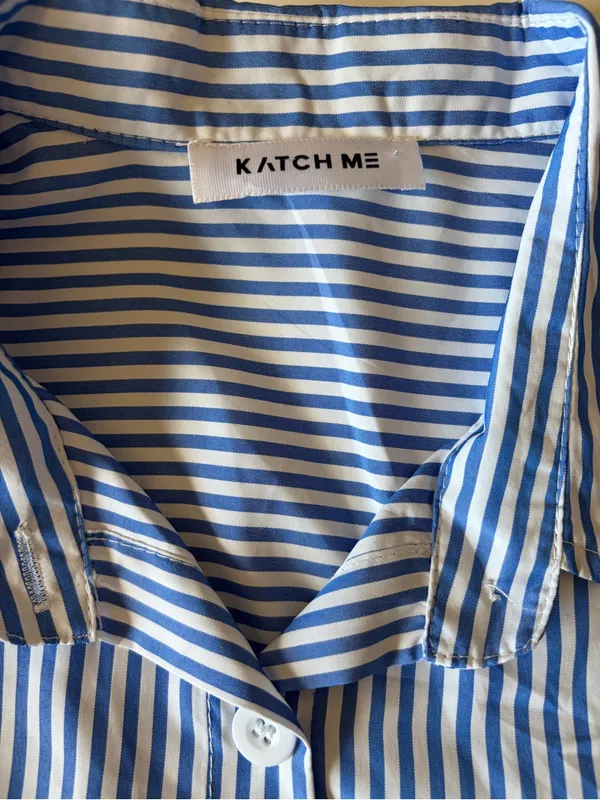 Katch Me Blue White Stripe Large collared Button Up Boyfriend Shirt Oversized - Image 4