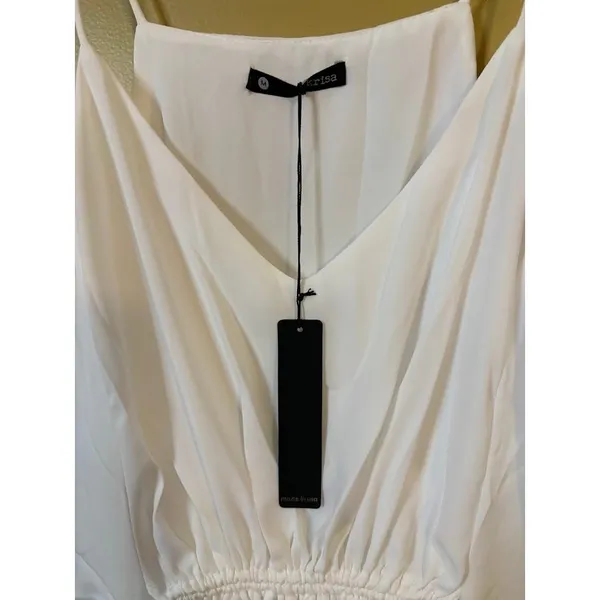 Krisa Mini Dress Womens Medium White New V-Neck Spaghetti Strap‎ Gathered Waist - Image 5