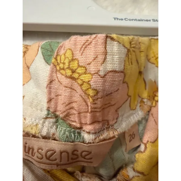 Insense Floral Linen Blend Pants Womens 26 Yellow Pink Retro Drawstring Straight - Image 6