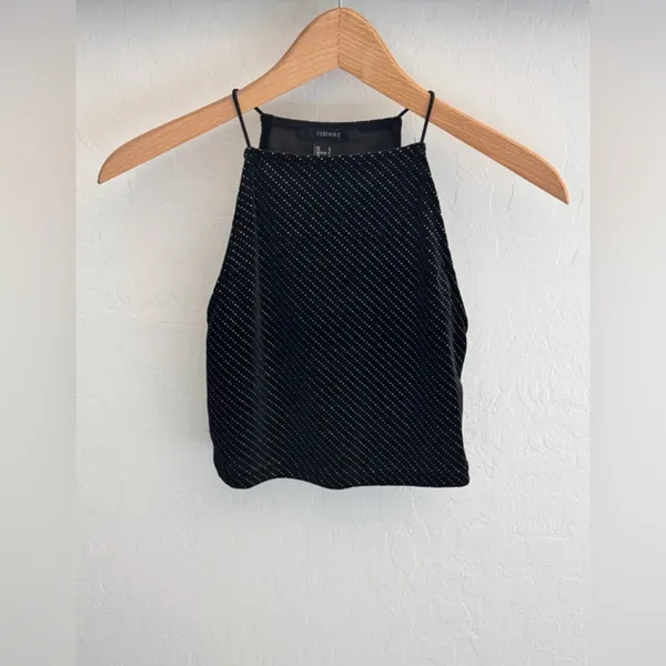 Forever 21 Black Velvet Polka Dot Halter‎ Crop Top Size Small - Image 2