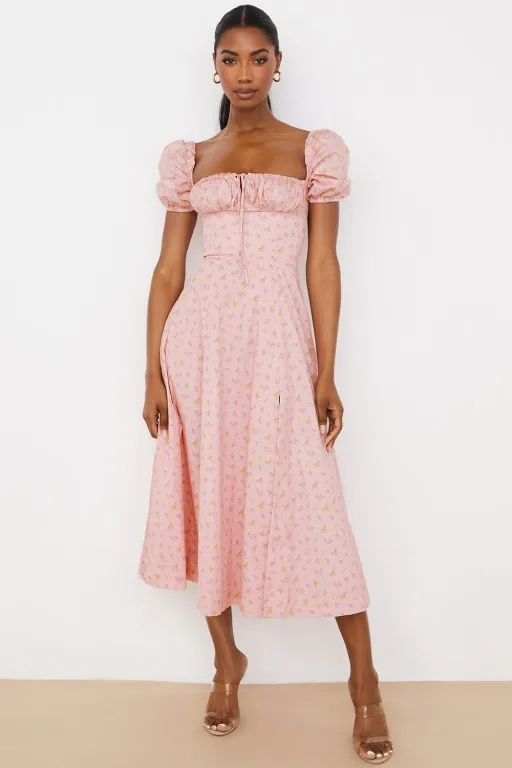 House Of CB TALLULAH PINK FLORAL PUFF SLEEVE MIDI DRESS - Image 6