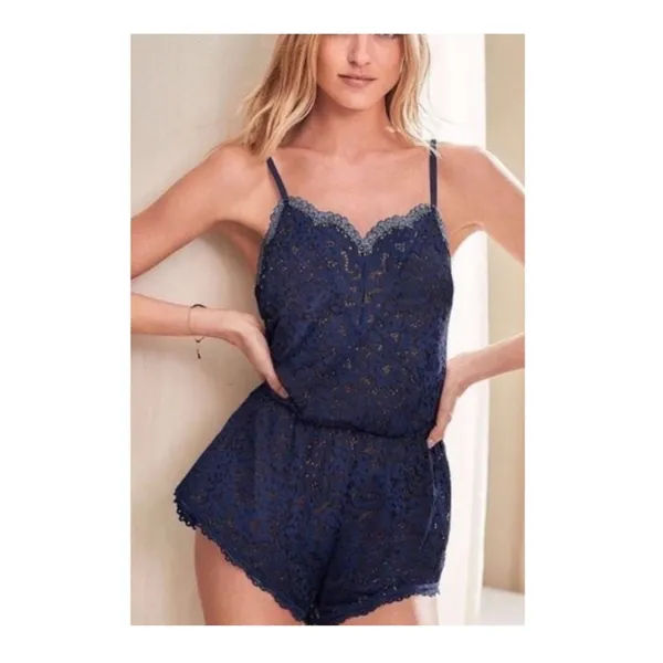 Victoria's Secret NWT Navy Blue Floral Lace Teddy Romper Lingerie 11098917 Small - Image 3