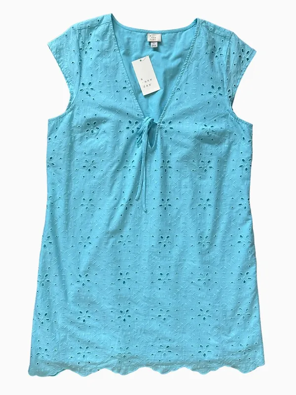 NWT A New Day Eyelet Mini Dress Blue V-Neck Tie Front Size Large - Image 3