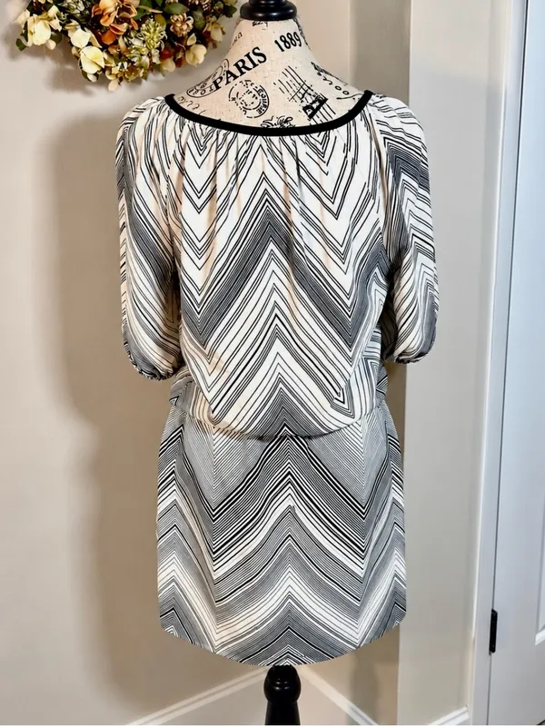 💥Trina Turk Silk Chevron Blouson Drawstring Waist Dress Black Ivory Sz 4💛 - Image 4