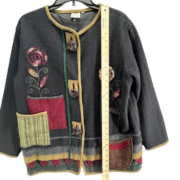 Parsley & Sage Sweater Jacket Womens S Black Multi Wool Patchwork Artful Cottage - Image 10