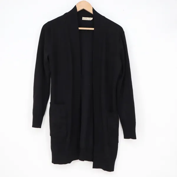 Young USA Womens Black Open Front Longline Cardigan Sweater Small Pockets Ribbed - Image 2