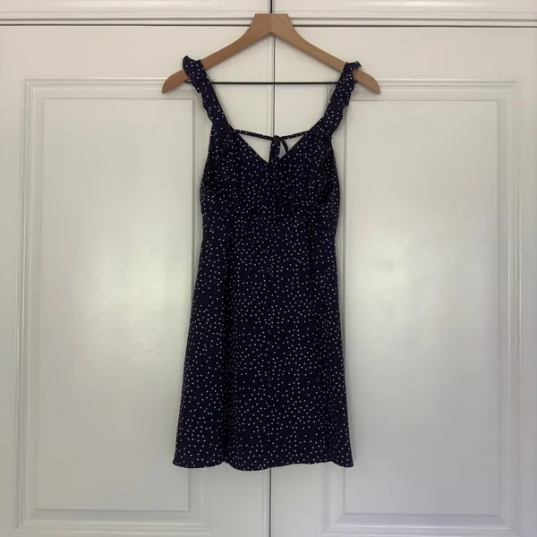 White Fox Polka Dot Mini Dress sleeveless ruffle tie bow back v-neck lightweight - Image 2