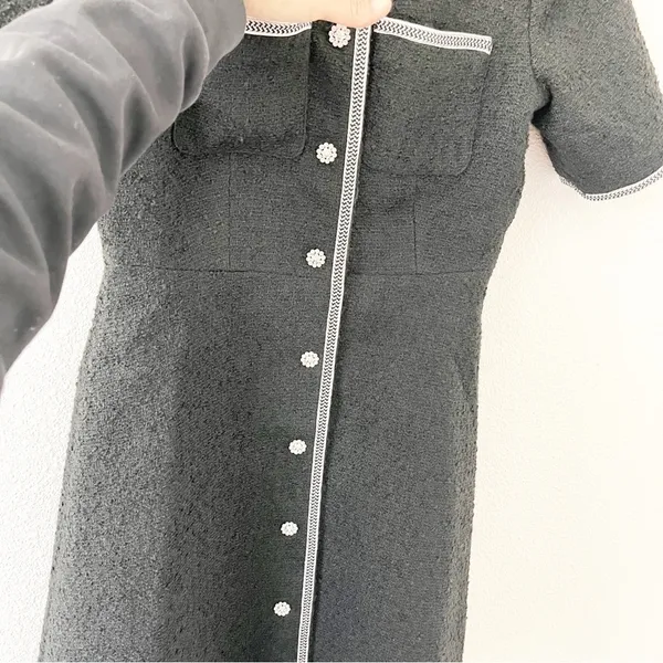 CeCe Black Tweed Button Front Feminine Chic Elegant Preppy Classic Mini Dress - Image 4